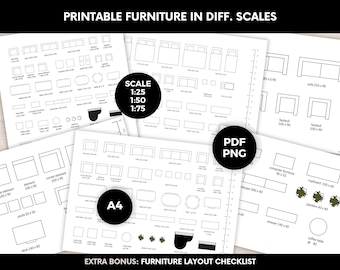 Printable Furniture Templates Bundle Scale 1/25 1/50 1/75, A4 PDF and PNG, Floor Plan Design, Bonus Checklist DIY Interior Layout Cutout Kit