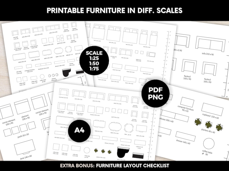 Printable Furniture Templates Bundle Scale 1/25 1/50 1/75, A4 PDF and ...