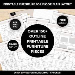 Printable Scale Furniture Templates Interior Design 1/4"=1' Scale DIY Miniature Furniture Cutouts For Floor Plan Layouts Home Decor Planning