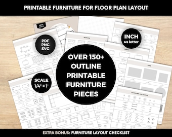 Plantillas de muebles a escala imprimibles para diseño de interiores, recortes de muebles en miniatura para planos de planta y planificación de decoración del hogar.