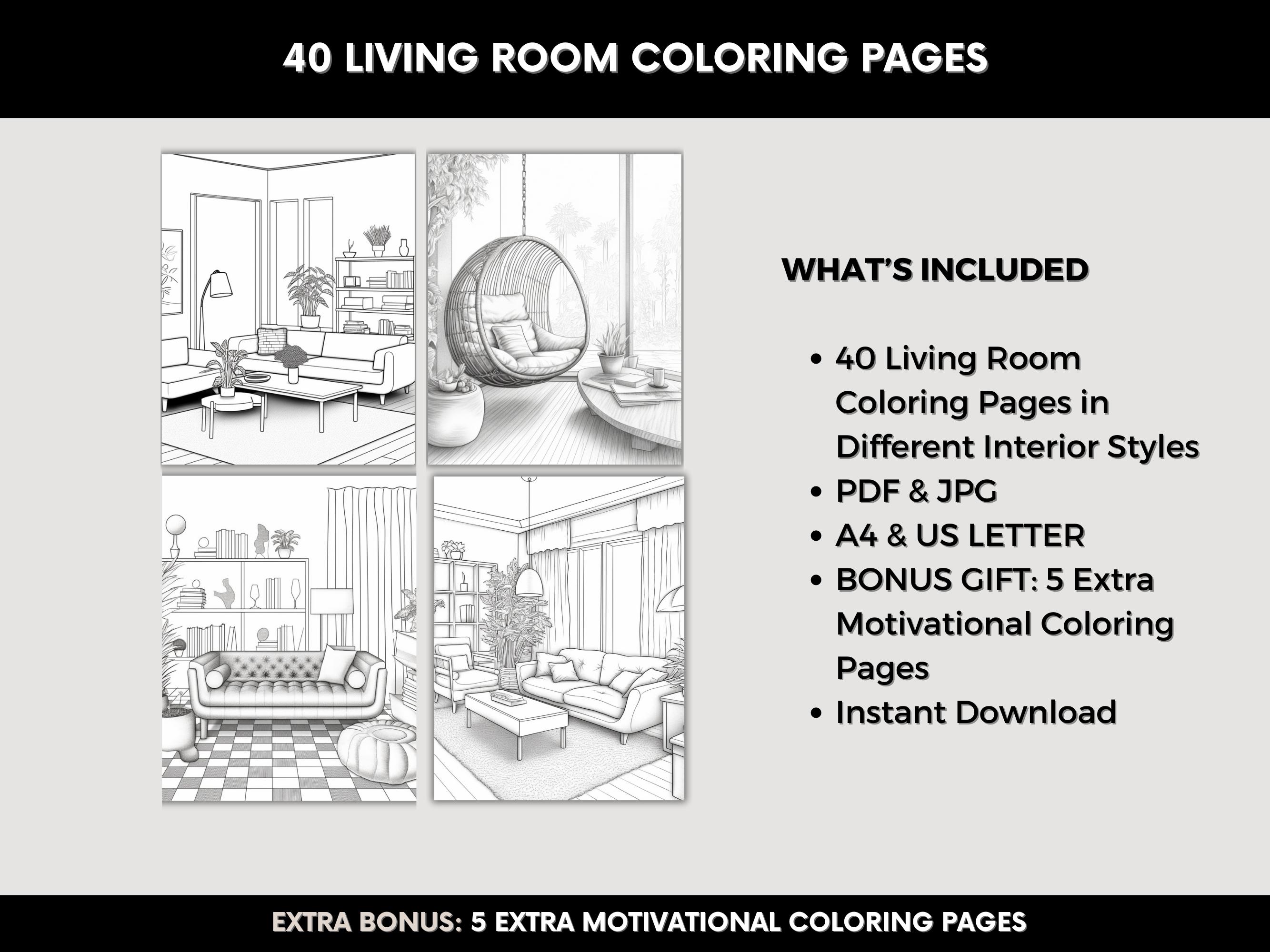 Relaxing Interior Design Coloring Book, 40 Printable Home Decor Pages ...