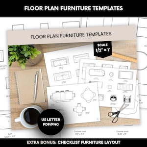 May include: A collection of floor plan furniture templates, including sofas, tables, and chairs, with a scale of 1/2" = 1'. The image includes a notepad, pen, coffee cup, and scissors. The text "US LETTER PDF/PNG" is visible.