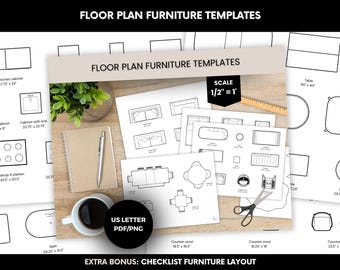 May include: A collection of floor plan furniture templates, including sofas, tables, and chairs, with a scale of 1/2" = 1'. The image includes a notepad, pen, coffee cup, and scissors. The text "US LETTER PDF/PNG" is visible.