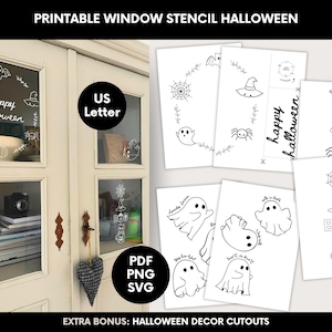 Könnte beinhalten: Druckbare Halloween-Fensterschablonen-Designs. Enthält verschiedene Halloween-Motive wie Geister, Spinnen, Hexenhüte und den Schriftzug "Happy Halloween". Die Designs sind in Schwarzweiß und für die US-Letter-Größe geeignet.