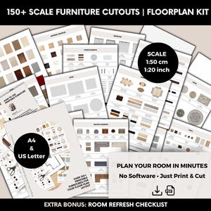 Plantillas de muebles a escala imprimibles para diseño de interiores en colores neutros, kit de muebles con vista superior, recortes para la distribución de habitaciones y plantillas de planos de casas.