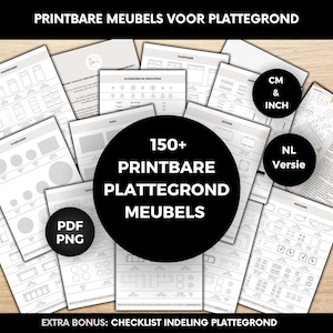 Puede incluir: Una colección de plantillas de muebles imprimibles para planos de planta. Las plantillas están en blanco y negro e incluyen una variedad de tipos de muebles, como camas, mesas, sillas y sofás. Las plantillas están disponibles en pulgadas y centímetros. El texto en la imagen dice "150+ Muebles de plano de planta imprimibles", "PDF PNG", "CM & INCH", "NL Versie", y "EXTRA BONUS: CHECKLIST INDELING PLATTEGROND".