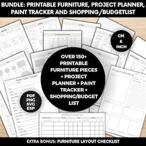 Op de afbeelding: Een bundel van afdrukbare planningsbladen voor meubels, projecten, verftracking en winkelen/budget. Bevat meer dan 150 afdrukbare meubelstukken, een projectplanner, verftracker en winkel-/budgetlijst. Bevat zowel CM- als INCH-metingen.
