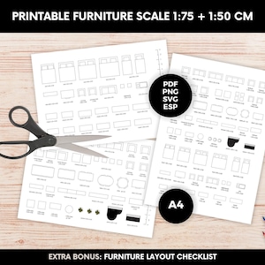 May include: Printable furniture scale sheets with line drawings of furniture, including beds, sofas, and tables. The sheets are labeled with the text "Printable Furniture Scale 1:75 + 1:50 CM". A pair of scissors and colored pencils are also present.