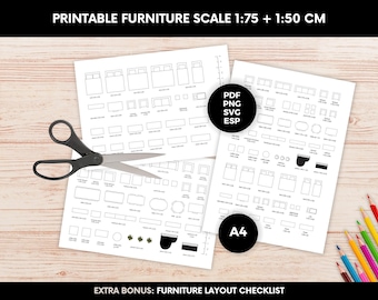 May include: Printable furniture scale sheets with line drawings of furniture, including beds, sofas, and tables. The sheets are labeled with the text "Printable Furniture Scale 1:75 + 1:50 CM". A pair of scissors and colored pencils are also present.