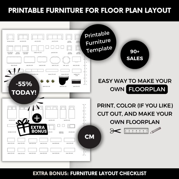 Printable Furniture Template for DIY Floorplan Design, Template Scale Furniture Prepare Interior Change, Floor Plan Elements, Top View Home