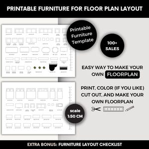 Printable Furniture Template for DIY Floorplan Design, Template Scale Furniture Prepare Interior Change, Floor Plan Elements, Top View Home