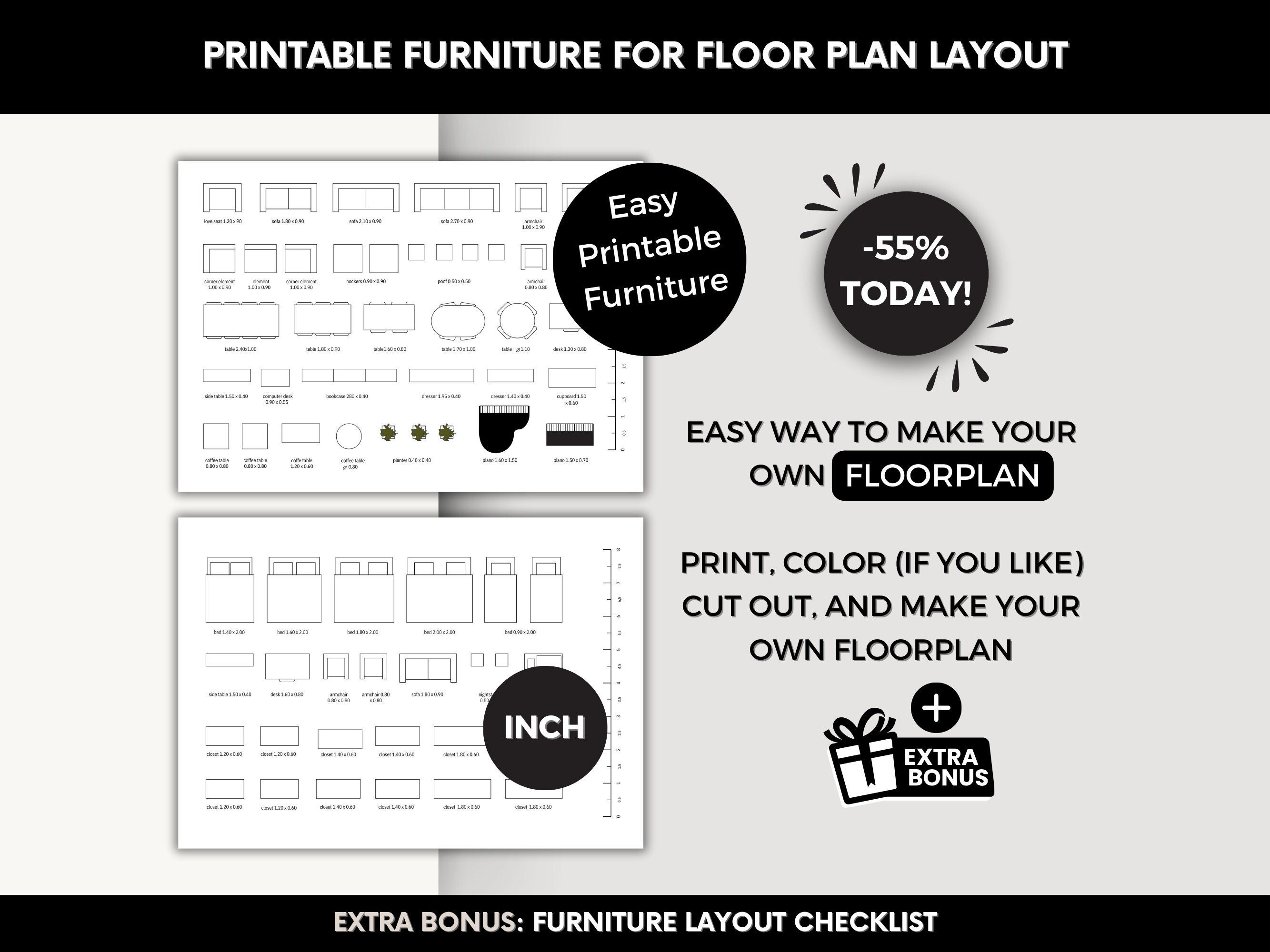 Scale Furniture Printable Template, DIY Furniture Floorplan Template