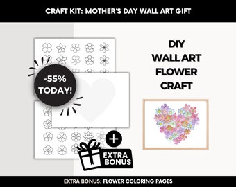Kit DIY art mural fleurs, cadeau de fête des mères, fleurs à imprimer et à colorier pour cadeau de fête des mères, travaux manuels pour la maison, kit DIY de décoration murale coeur