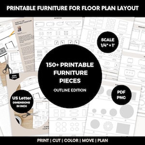 May include: A collection of printable furniture templates for floor plan layouts, featuring over 150 outline-style pieces in US Letter dimensions. The sheets include various furniture shapes, a 1/4 inch equals 1 foot scale, and PDF and PNG file formats.