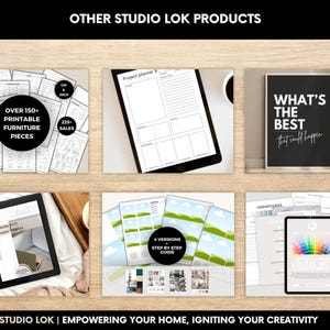 May include: A selection of digital products from Studio Lok, including printable furniture pieces, project planners, and design guides. The image features a variety of digital products, including a framed print with the text "WHAT'S THE BEST that could happen."