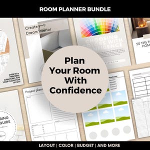 May include: A collection of printable room planner guides and templates. The bundle includes guides for furniture layout, color selection, and budgeting. The central design features the text "Plan Your Room With Confidence."