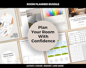 May include: A collection of printable room planner guides and templates. The bundle includes guides for furniture layout, color selection, and budgeting. The central design features the text "Plan Your Room With Confidence."