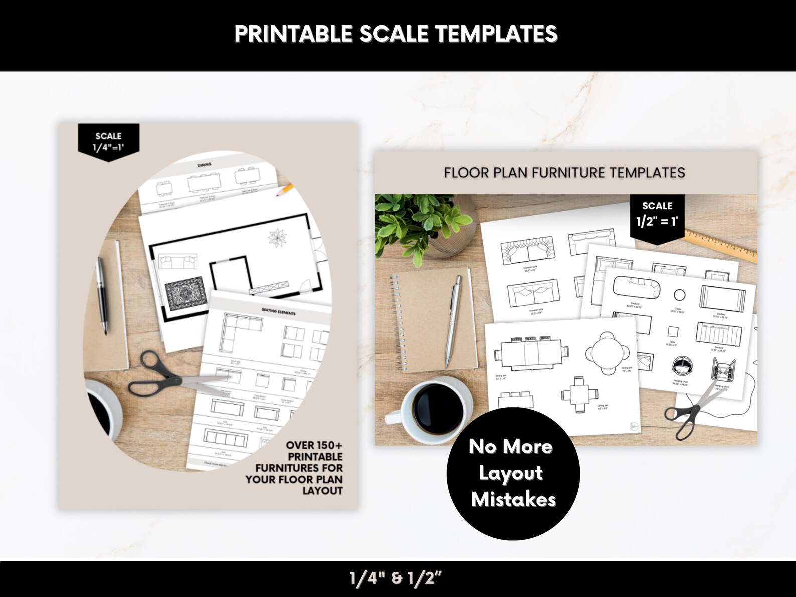 Floor Plan Furniture Bundle | Printable Scale Templates 1/4 & 1/2 ...