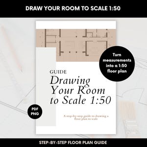 Puede incluir: Una guía titulada "Dibujando tu habitación a escala 1:50" con una ilustración de plano de planta. La guía incluye el texto "Convierte las medidas en un plano de planta 1:50". La imagen también incluye el texto "Guía paso a paso del plano de planta."