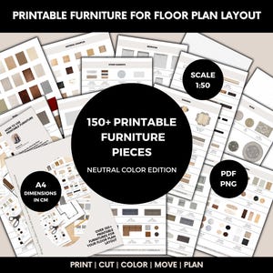 Op de afbeelding: Een verzameling printbare meubelbladen voor plattegronden, met meer dan 150 stuks in een neutrale kleureneditie. De documenten bevatten tekstlabels zoals 150+ PRINTABLE FURNITURE PIECES, SCALE 1:50 en A4 DIMENSIONS IN CM.