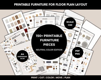May include: A collection of printable furniture sheets for floor plan layouts, featuring over 150 pieces in a neutral color edition. The documents include text labels such as 150+ PRINTABLE FURNITURE PIECES, SCALE 1:50, and A4 DIMENSIONS IN CM.