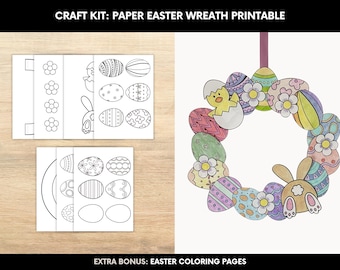 Printable Easter Wreath Craft Kit, Handmade Easter Decoration, DIY Paper Decor, Easy kids and family craft