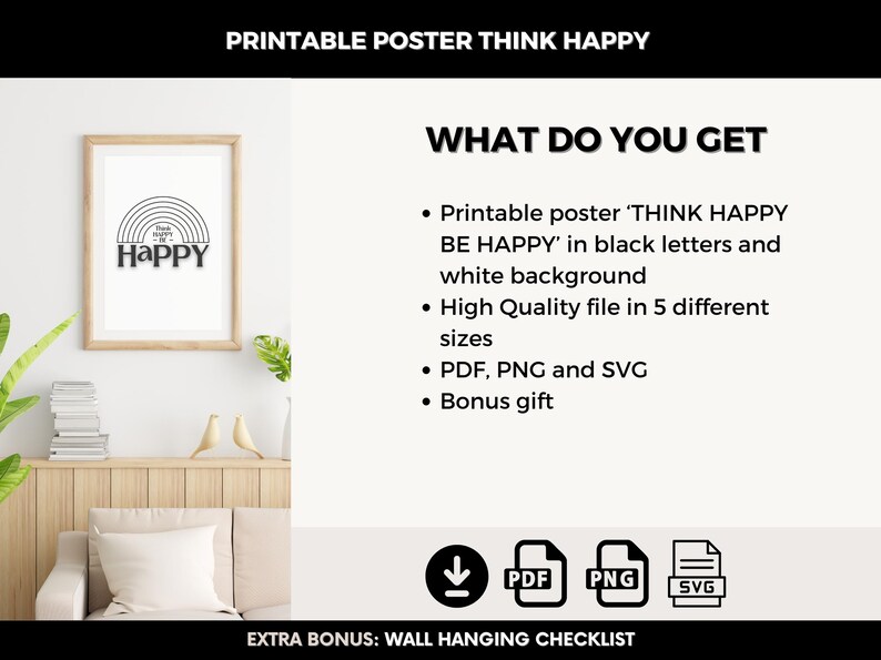 Motivational Quote Trendy Wall Art Print, Think Happy Poster, Home ...