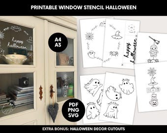 Op de afbeelding: Printbare Halloween raamstencil ontwerpen. Bevat verschillende Halloween-thema stencils zoals geesten, spinnen, heksenhoeden en de tekst "happy halloween". Beschikbaar in A4 en A3 formaten, met PDF, PNG en SVG. Extra bonus: Halloween decor uitsparingen.