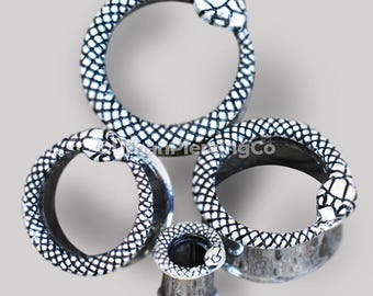 Stainless Steel Serpent Snake Double Flare Tunnel Plug | Antique Style Jewelry | 316L Steel | 2 GA to 1&quot; Sold As Pair