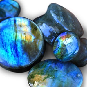 Bouchons de selle en labradorite - Jauges d'oreille en pierre irisée, forme ronde