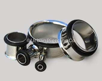 Surgical Steel Single Flared Tunnel Plug – Polished Mirror Finish – Up to 2&quot; – 316L Stainless Steel with Black O-Ring