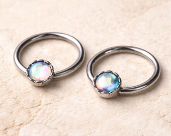 Edelstahl Regenbogen Strass Nippelring - 14GA Captive Bead Ring (wird als Paar verkauft)