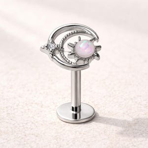 Stainless Steel Galaxy Monroe Labret with Opal Sun & CZ Star - Unique Monroe Piercing Jewelry