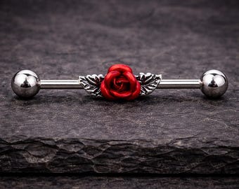Röd ros industriell skivstång 14G rostfritt stål byggnadsställningsörhänge gotisk ros broskpiercing industriella barsmycken blommig öronpiercing