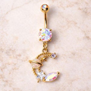 Gold Plated Galaxy Moon & Star Dangle Navel Ring – Celestial Belly Button Jewelry