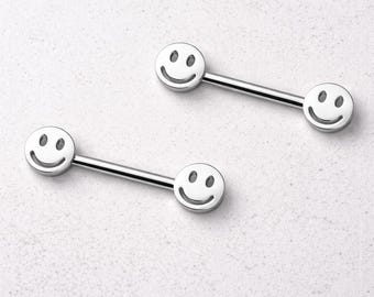 Stainless Steel Smiley Face Nipple Bar Pair – 14GA Happy Face Nipple Ring – Cute Playful Body Jewelry