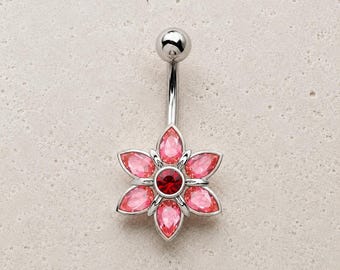 Bauchnabelpiercing mit rosafarbener Blume und Zirkonia | Bauchnabelpiercing aus 316L-Edelstahl