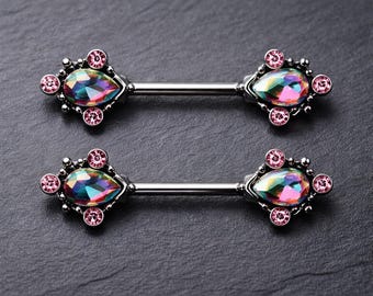 Edelstahl Teardrop CZ Nippel Stab Paar - Verzierter Aurora Borealis Regenbogen Nippelring - 14GA Dangle Piercing Schmuck