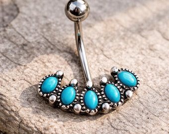 Antike Türkis Bauchnabel Ring, 14G Nabel Ring, Schwarz Silber Boho Bauch Ring, Türkis Bead Piercing Schmuck