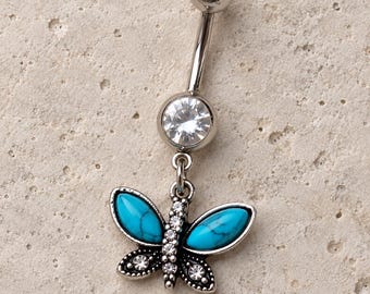 Türkisfarbener Schmetterlings-Bauchnabelpiercing, 14G | Schwarzer, vergoldeter Bauchnabelpiercing | Boho-Körperschmuck