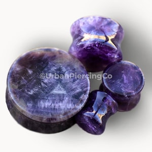 Natural Amethyst Semi-Precious Stone Saddle Plug - Sold as Pair | Double Flare | Smoothly Polished Finish
