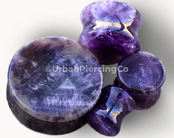 Natural Amethyst Semi-Precious Stone Saddle Plug - Sold as Pair | Double Flare | Smoothly Polished Finish