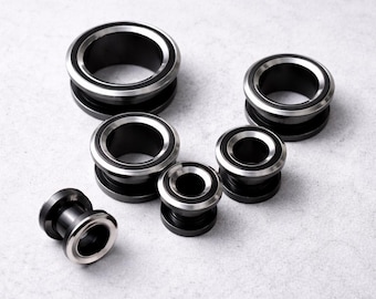 Schwarzer Edelstahl zweifarbiger Schraub Tunnel Plug - Double Flare Ohr Plug Schmuck