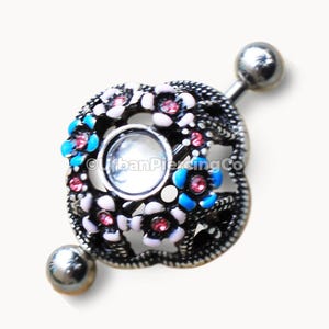 Stainless Steel Flower Field Dome Nipple Shield Pair | Pink & Blue CZ Floral Nipple Rings | 14G Dome Shape Nipple Jewelry