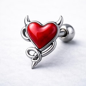 Stainless Steel Devil Heart Cartilage Earring – Red Enamel Tragus Stud – 14GA Gothic Helix Jewelry