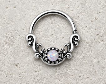 Antike Welle nahtlose Ring 16G | Weißer Opal Knorpelring | Reich verzierter Septum Ring