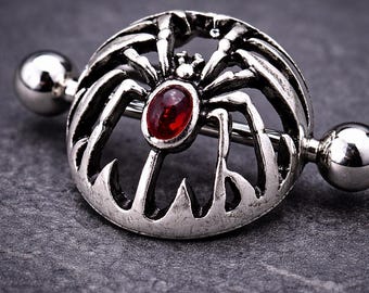 Gothic Spinne Nipple Shield Ring Paar | Blutroter Dome Nippelschmuck | 14G 316L Edelstahl | Antik Silber Spinne Nippel Ringe
