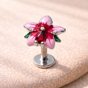 Hibiscus Flower Labret – Stainless Steel Lip Ring with Red CZ