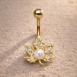 Gold Maple Leaf Belly Button Ring, CZ Leaf Navel Piercing, Pearl Belly Ring, Fall Jewelry, 14G Stainless Steel, Autumn Leaf Piercing