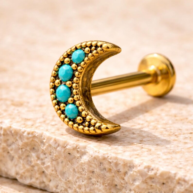 Gold Plated Turquoise Crescent Moon Labret – 16G Boho Piercing - Etsy